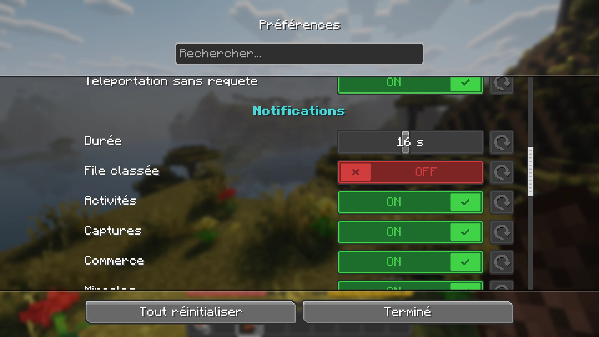 Le menu des préférences de notifications, avec les catégories et le curseur de durée