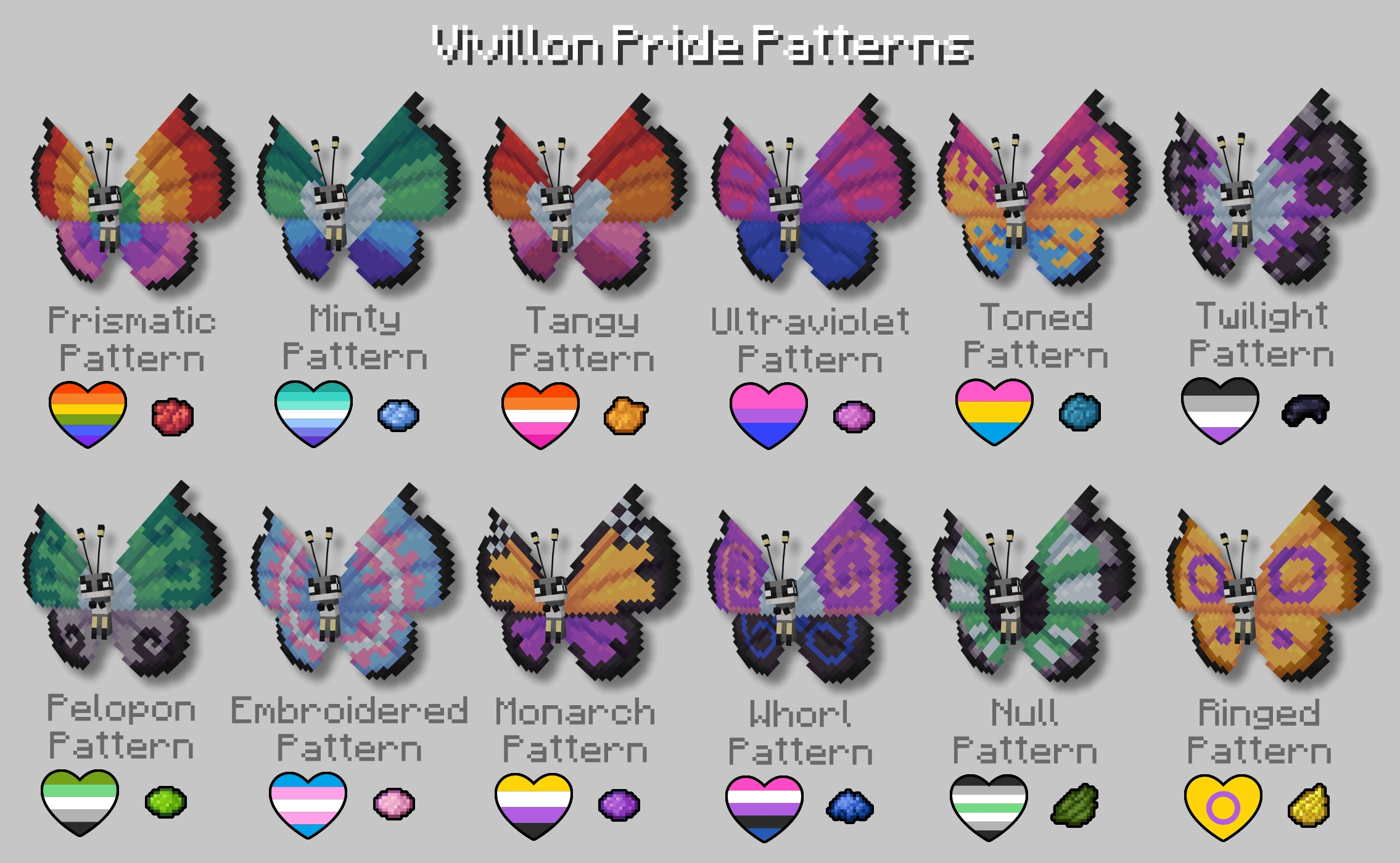 Les différents patterns de l'add-on Vivillion Pride Patterns