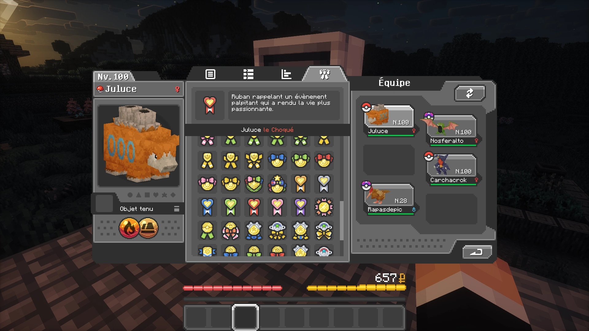 Capture d'écran de l'interface des rubans Cobblemon