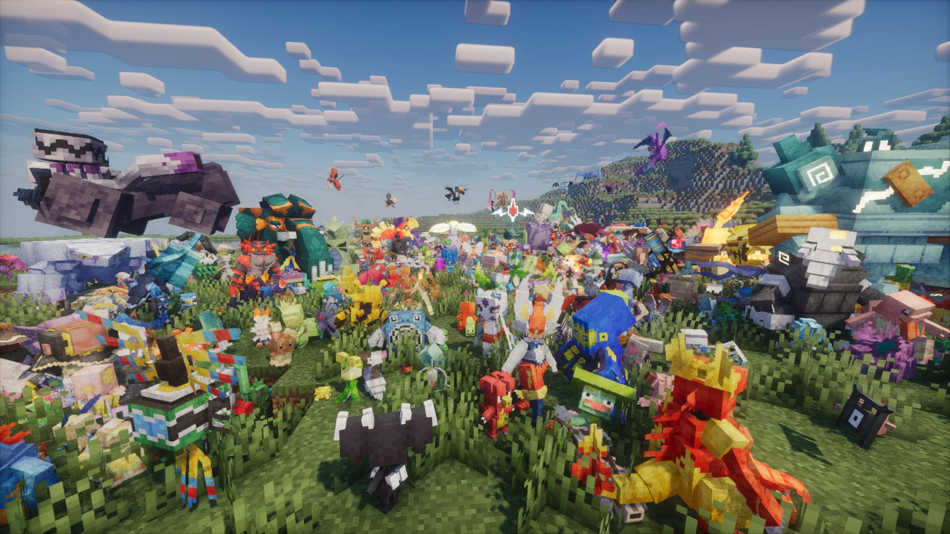 Une tonne de Pokémons avec leurs modèles Cobblemon dans une plaine