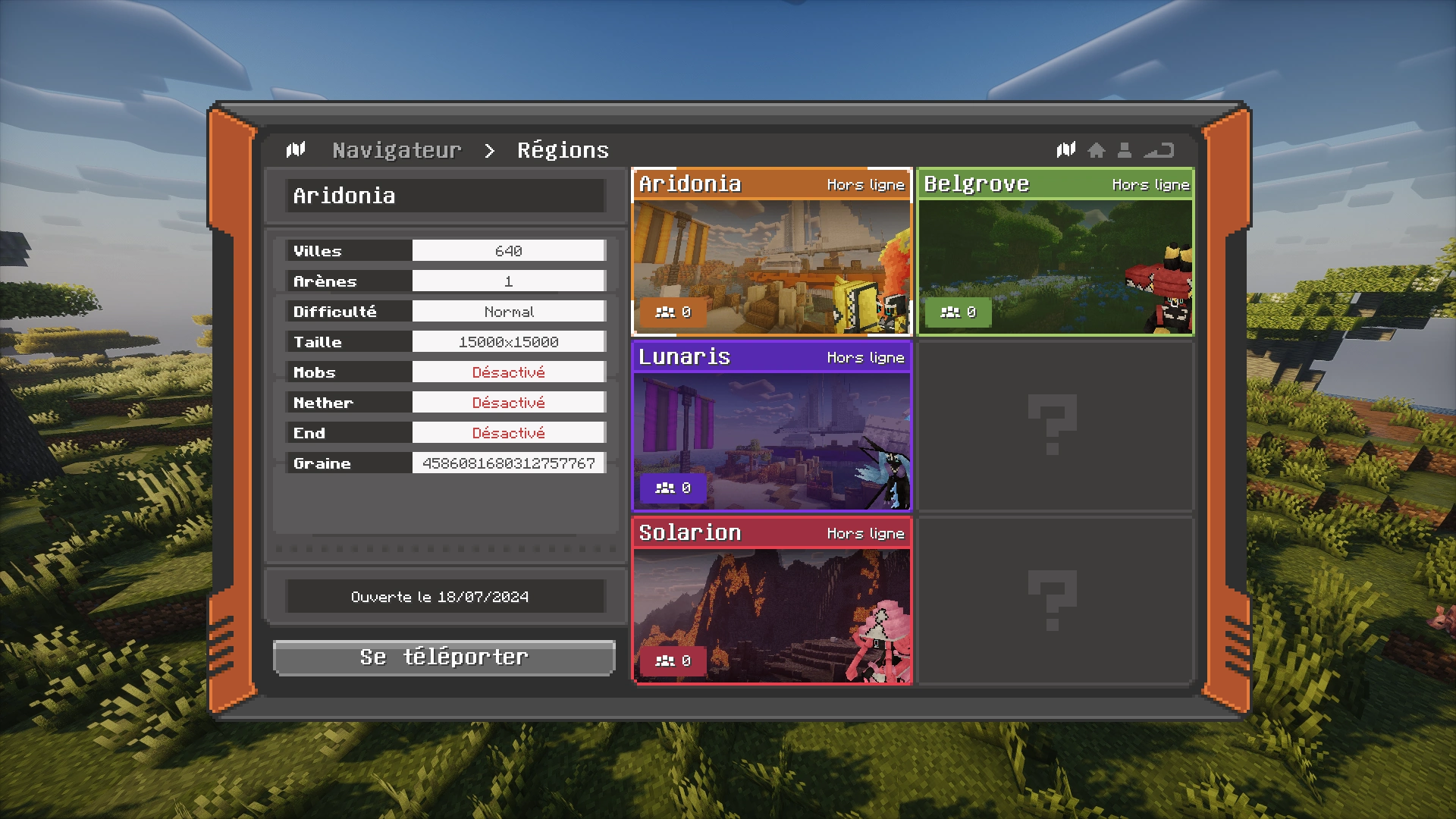 Interface du menu régions avec les nouveaux légendaires.