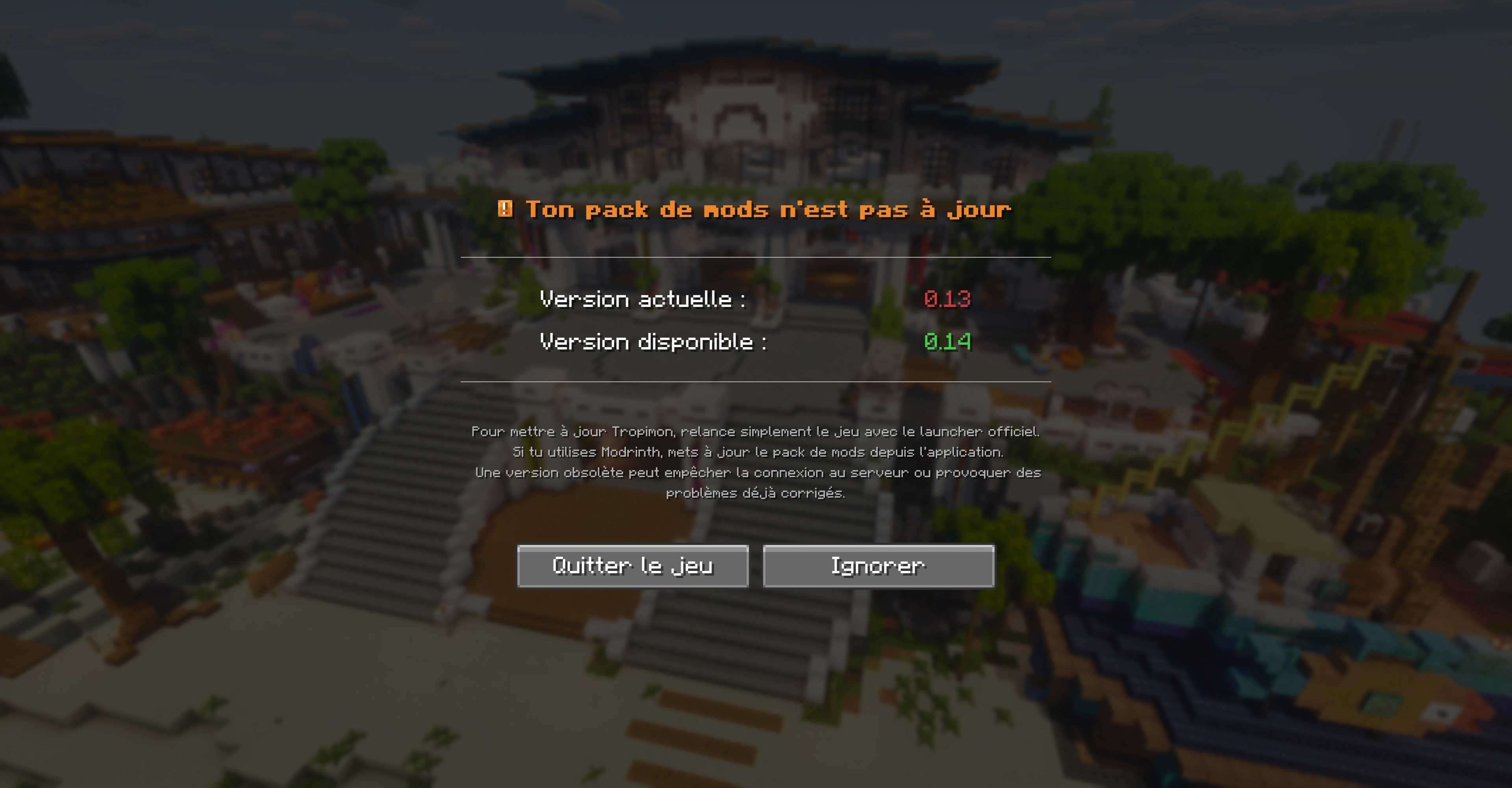 Nouvelle interface en cas de modpack pas à jour