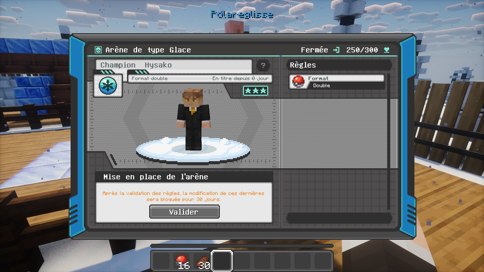 Capture d'écran du menu d'arène d'un point de vue de champion, ici le type glace